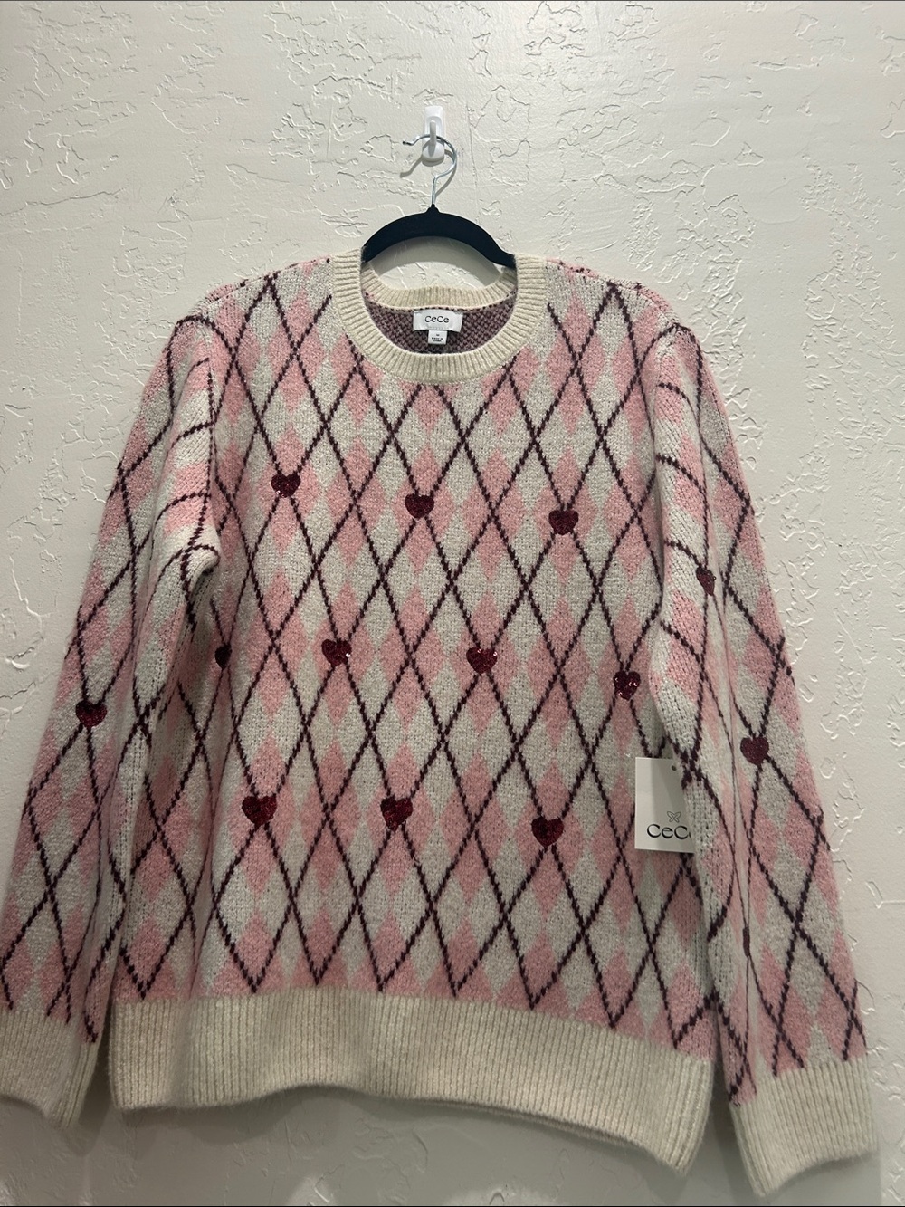 CeCe Pink and Cream Argyle Crewneck Sweater with Sequin Hearts